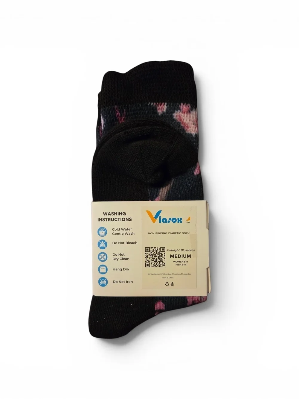 Men’s/women Black Floral Diabetic Socks - Medium